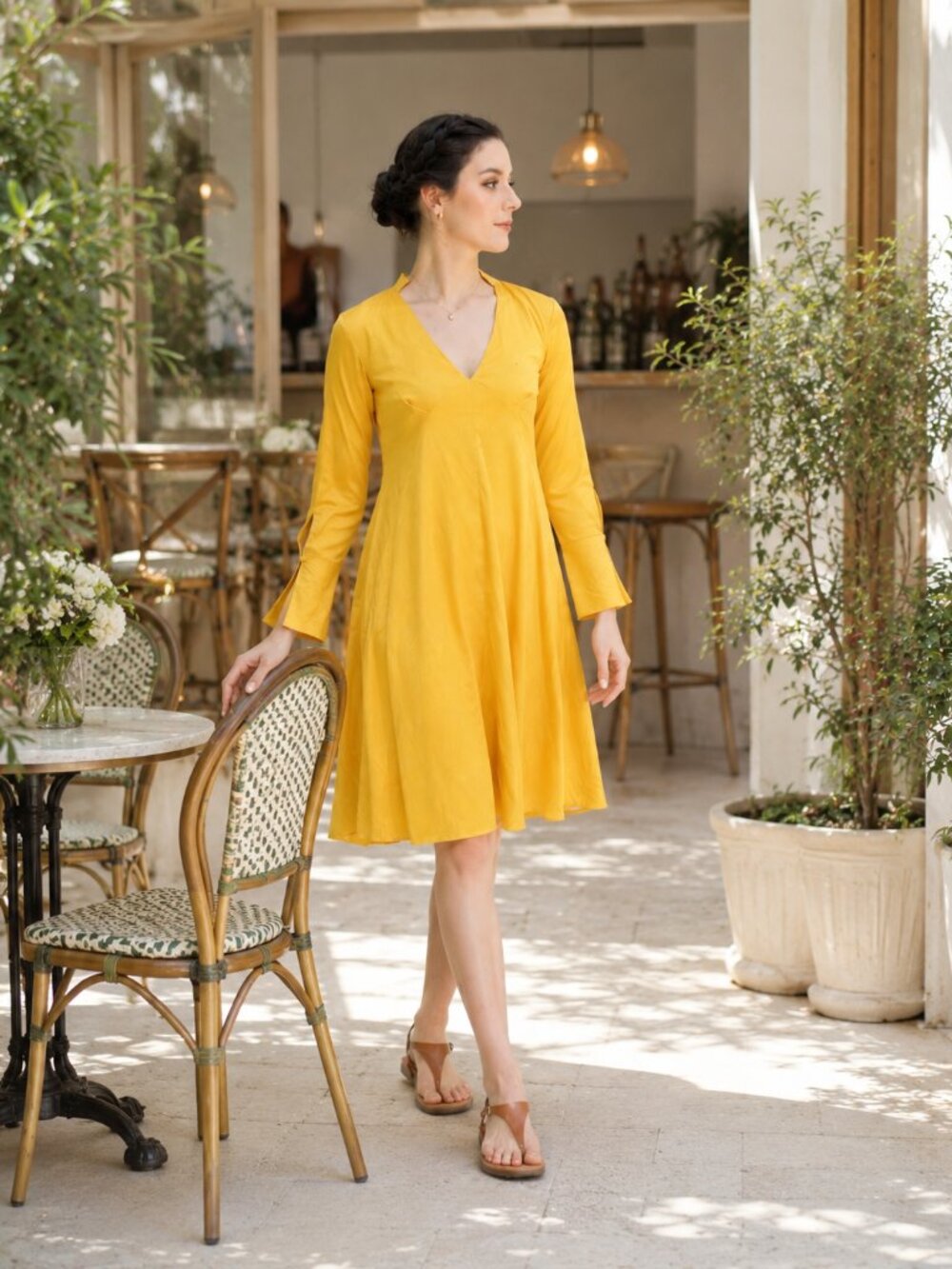 Aurelia Mustard Yellow V-Neck Midi Dress